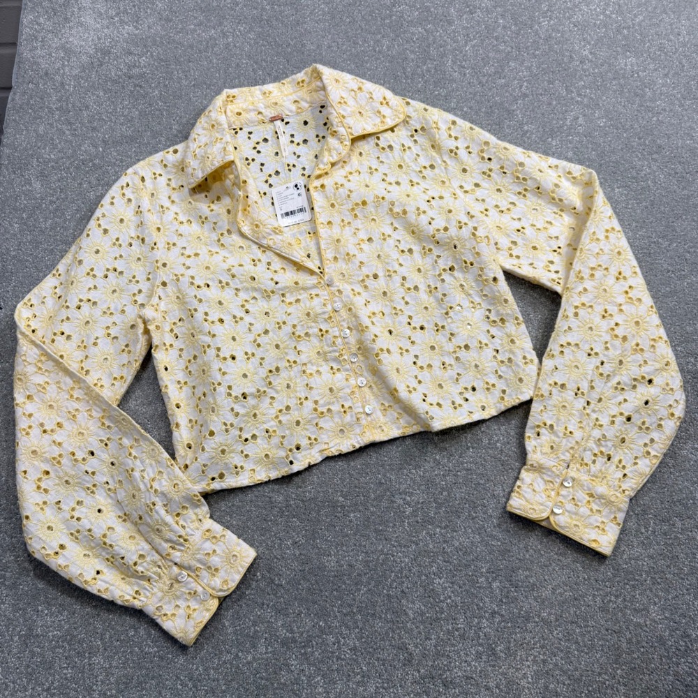 Free People Dream A Little Dream Yellow Sunflower Eyelet Lace Crop Shirt NWT S - Picture 4 of 14